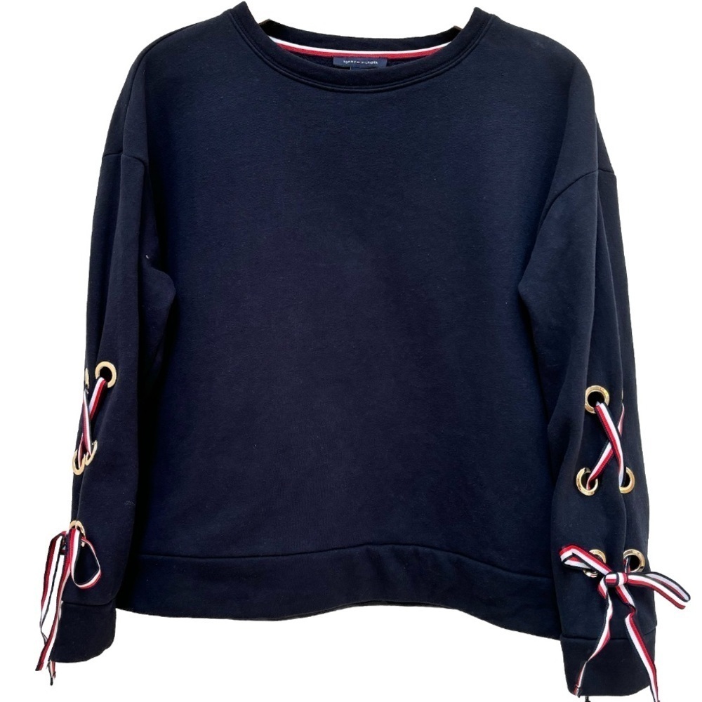 Tommy Hilfiger Long Sleeve Crewneck Sweatshirt Lace Up Ribbon Sleeves Navy S